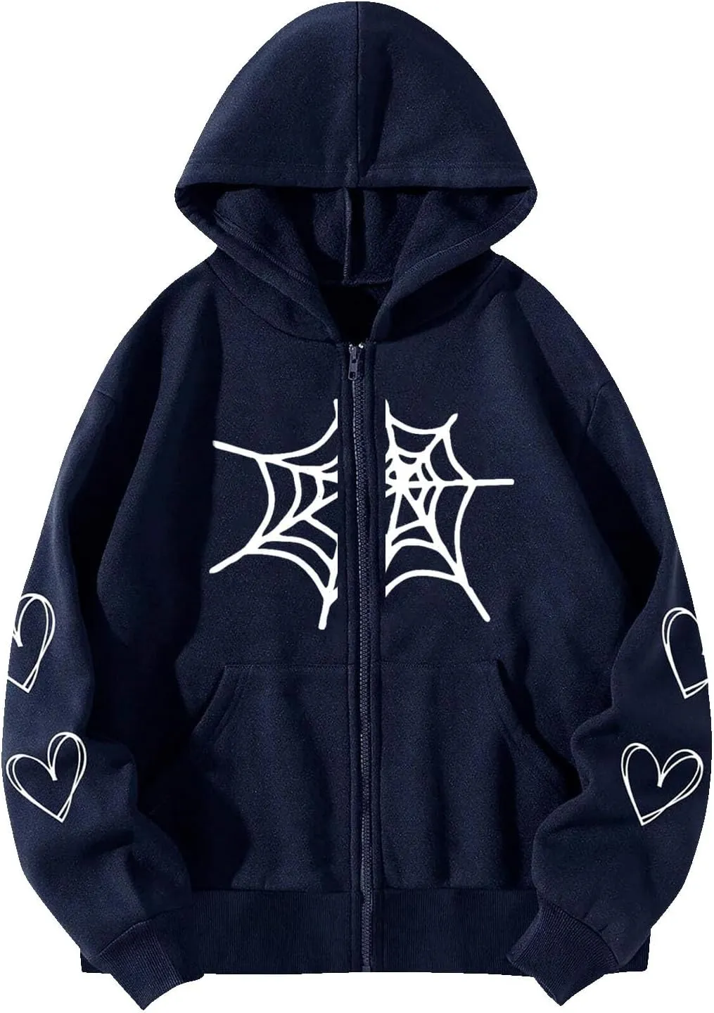 YRAETENM Oversized Y2k Zip up Hoodie for Women Men Gothic Spider Web Heart Graphic Sweatshirt Casual Lightweight Baggy Coats
