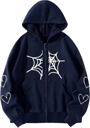 YRAETENM Oversized Y2k Zip up Hoodie for Women Men Gothic Spider Web Heart Graphic Sweatshirt Casual Lightweight Baggy Coats