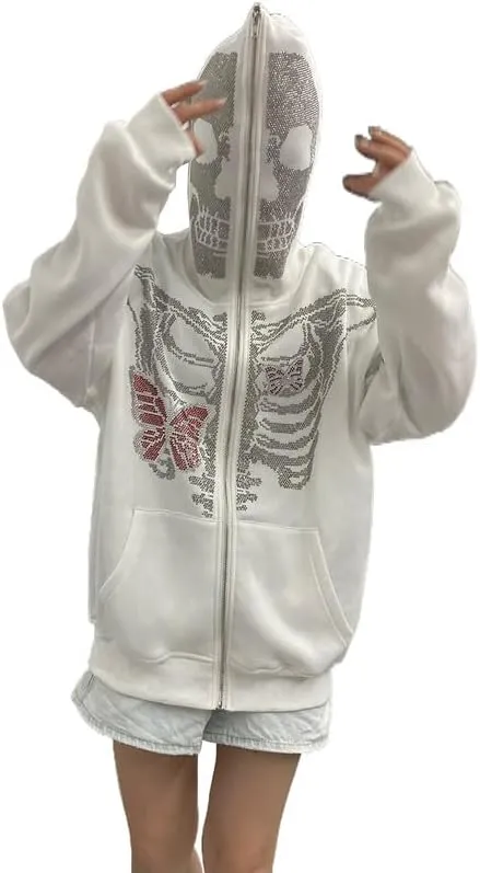 Yuemengxuan Women Y2k Goth Zip Up Hoodie Long Sleeve Harajuku Sweatshirt Aesthetic Casual Oversized Hooded Top Streetwear