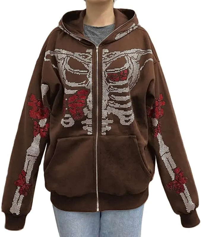 Yuemengxuan Women Y2k Goth Zip Up Hoodie Long Sleeve Harajuku Sweatshirt Aesthetic Casual Oversized Hooded Top Streetwear