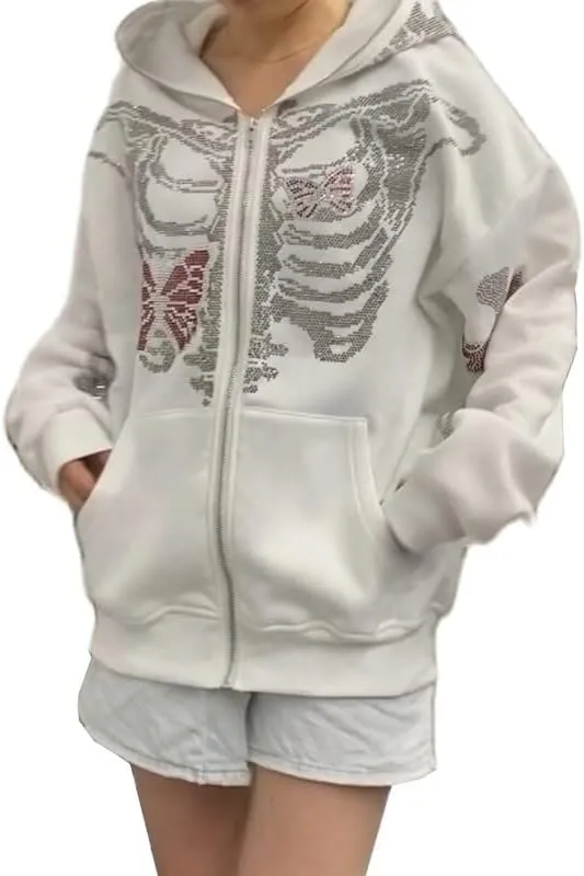 Yuemengxuan Women Y2k Goth Zip Up Hoodie Long Sleeve Harajuku Sweatshirt Aesthetic Casual Oversized Hooded Top Streetwear