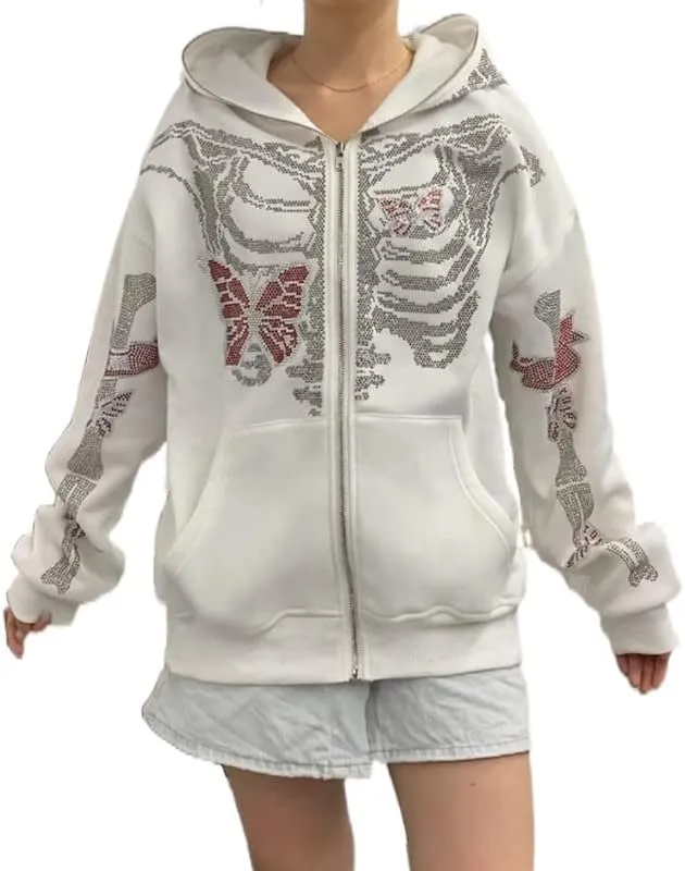 Yuemengxuan Women Y2k Goth Zip Up Hoodie Long Sleeve Harajuku Sweatshirt Aesthetic Casual Oversized Hooded Top Streetwear