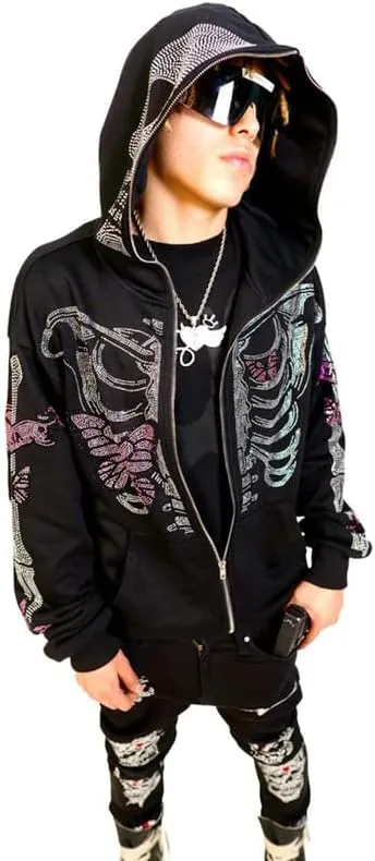 Yuemengxuan Women Y2k Goth Zip Up Hoodie Long Sleeve Harajuku Sweatshirt Aesthetic Casual Oversized Hooded Top Streetwear