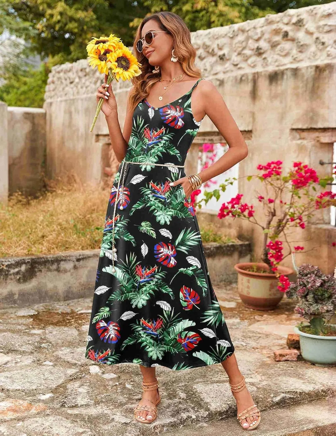 Zeagoo Womens Summer Maxi Dress Spaghetti Strap Casual Printed Dress Boho Floral Beach Sundress,