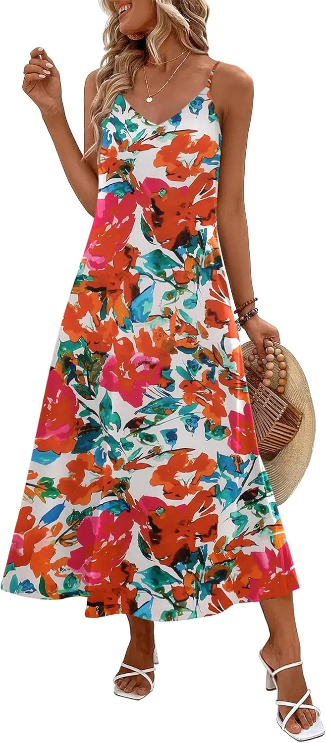 Zeagoo Womens Summer Maxi Dress Spaghetti Strap Casual Printed Dress Boho Floral Beach Sundress,
