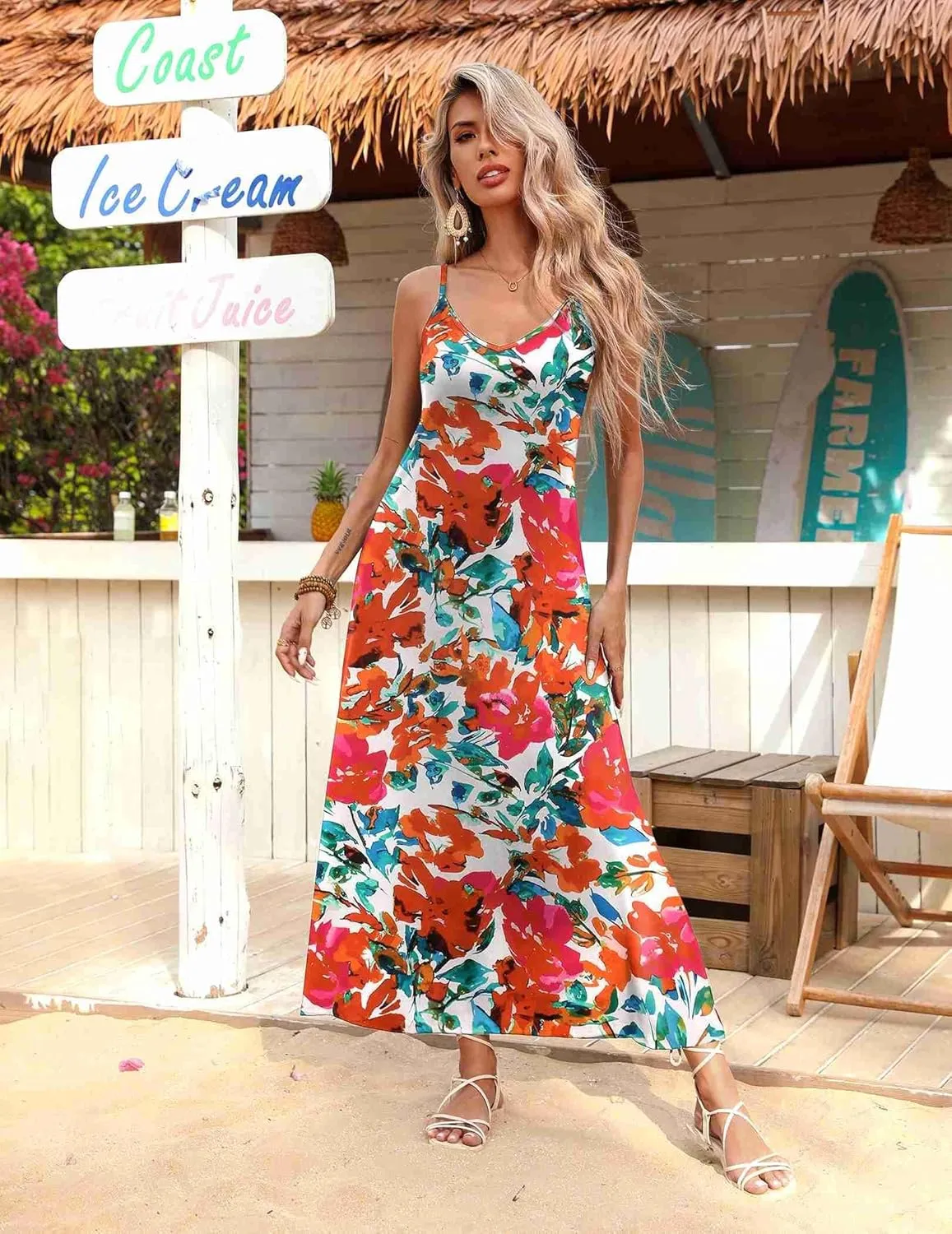 Zeagoo Womens Summer Maxi Dress Spaghetti Strap Casual Printed Dress Boho Floral Beach Sundress,
