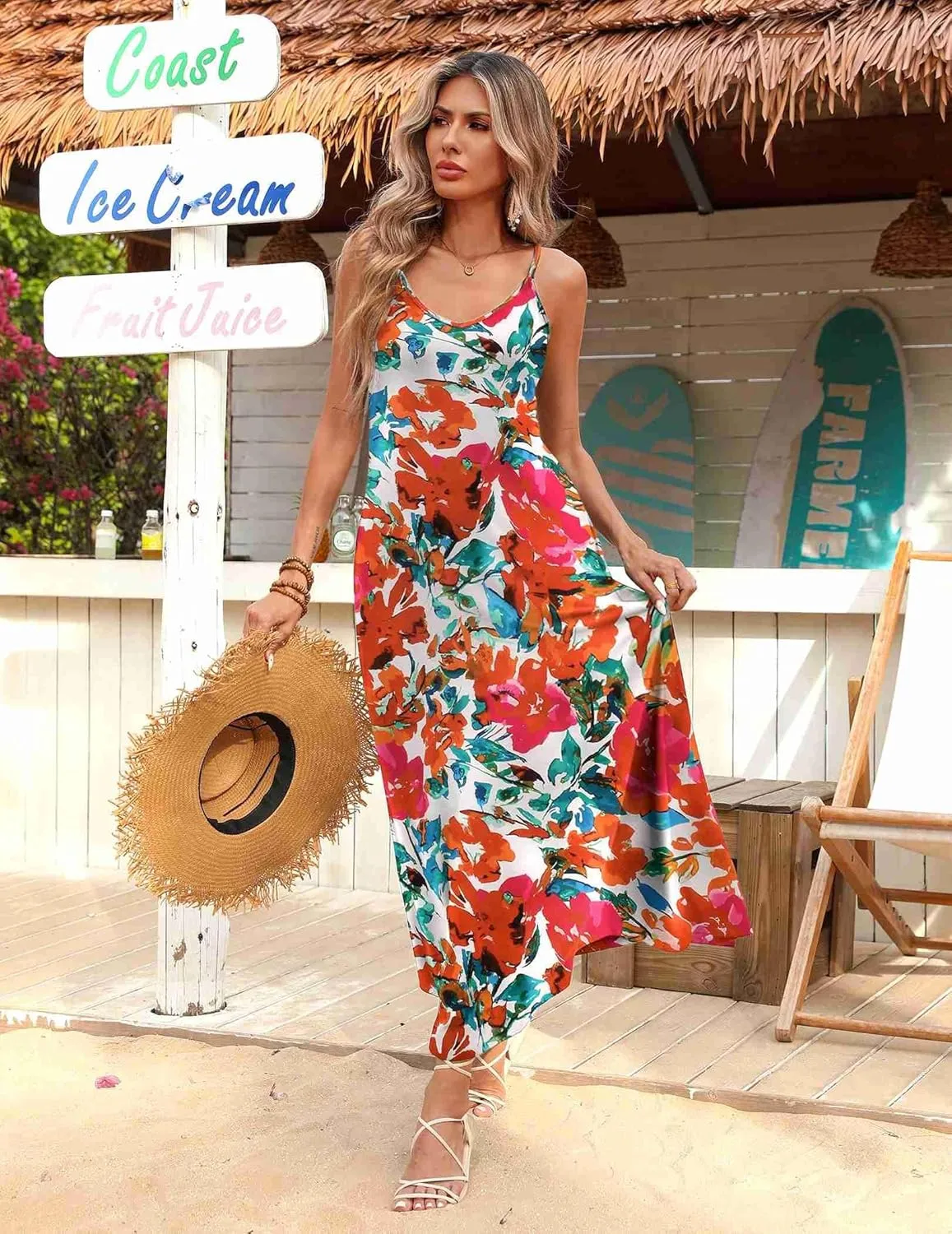 Zeagoo Womens Summer Maxi Dress Spaghetti Strap Casual Printed Dress Boho Floral Beach Sundress,