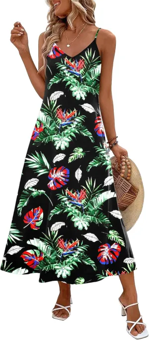 Zeagoo Womens Summer Maxi Dress Spaghetti Strap Casual Printed Dress Boho Floral Beach Sundress,