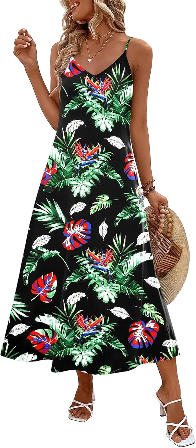 Zeagoo Womens Summer Maxi Dress Spaghetti Strap Casual Printed Dress Boho Floral Beach Sundress,