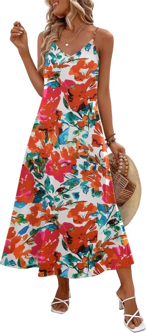 Zeagoo Womens Summer Maxi Dress Spaghetti Strap Casual Printed Dress Boho Floral Beach Sundress,