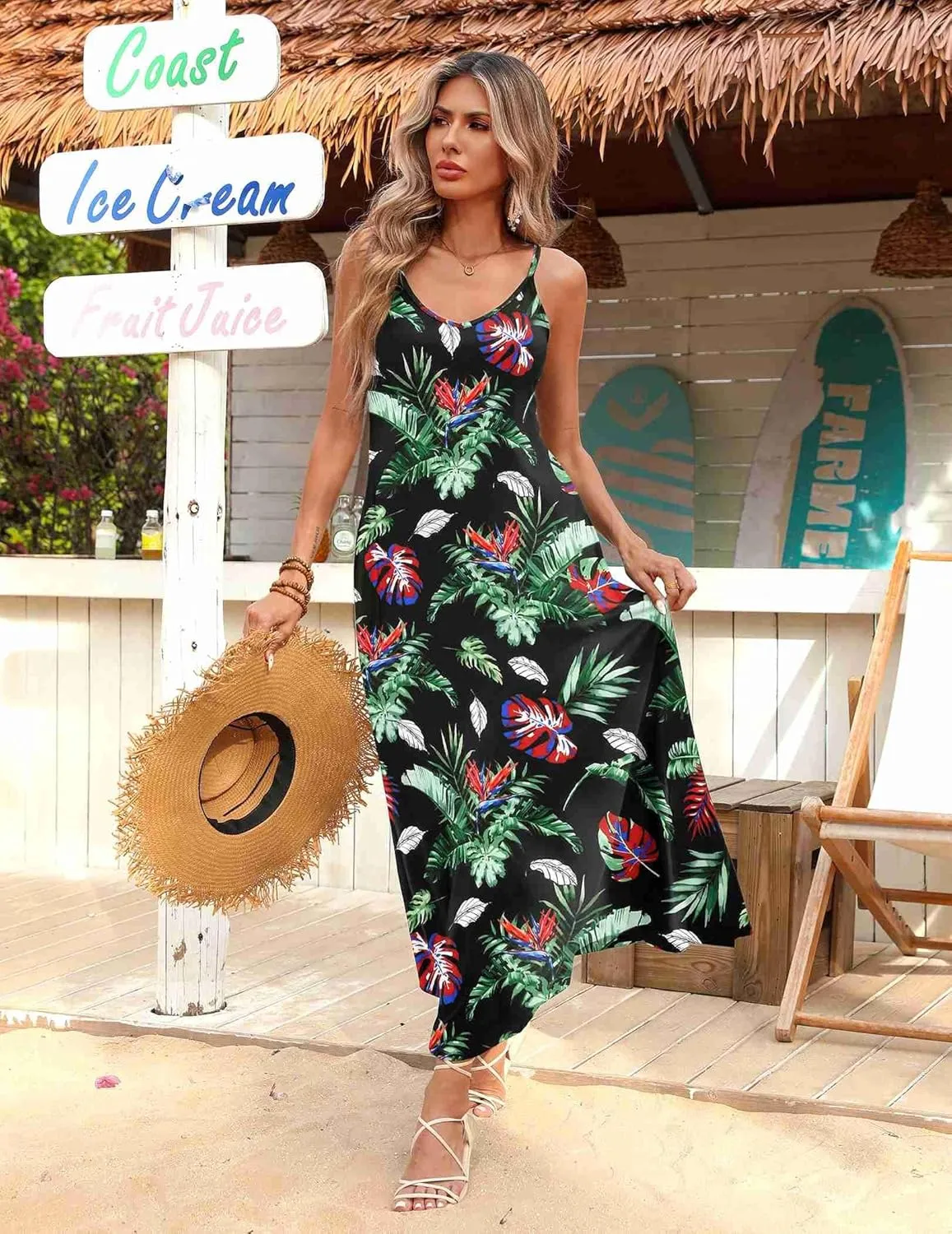 Zeagoo Womens Summer Maxi Dress Spaghetti Strap Casual Printed Dress Boho Floral Beach Sundress,