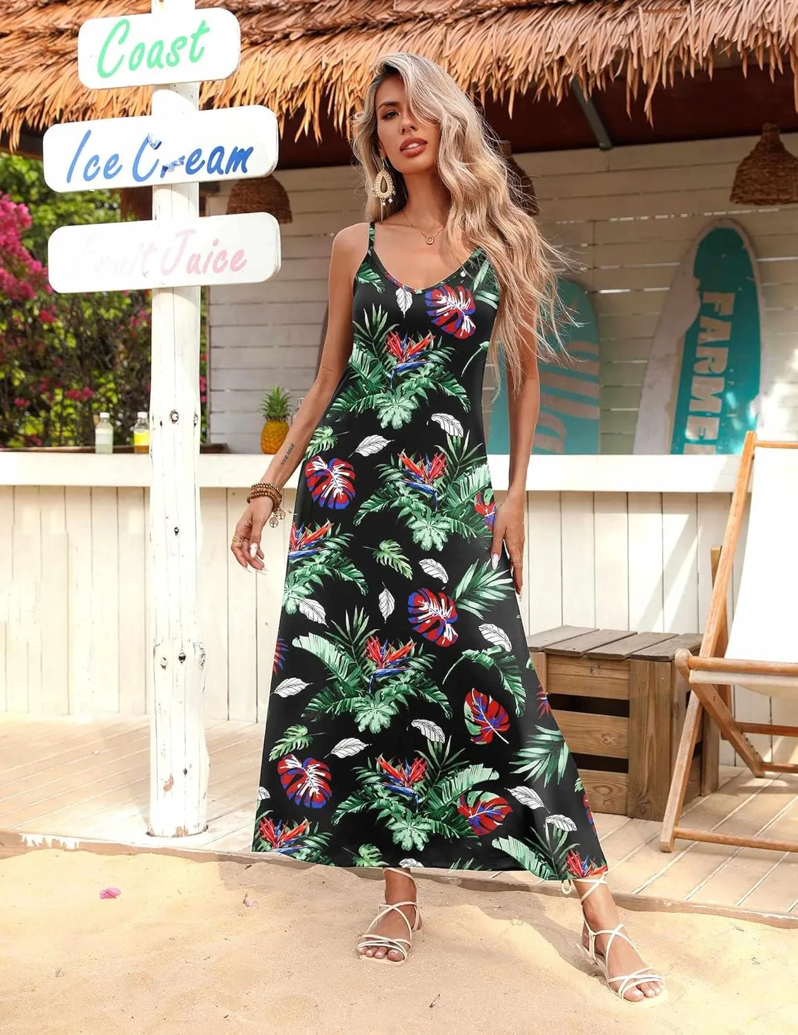Zeagoo Womens Summer Maxi Dress Spaghetti Strap Casual Printed Dress Boho Floral Beach Sundress,