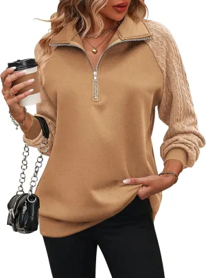 Zeagoo Women's Sweatshrits Quarter Zip Pullover Fleece Sweatshirt Casual Cable Knit Sleeve Hoodies Fashion Outfits Clothes