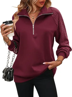 Zeagoo Women's Sweatshrits Quarter Zip Pullover Fleece Sweatshirt Casual Cable Knit Sleeve Hoodies Fashion Outfits Clothes