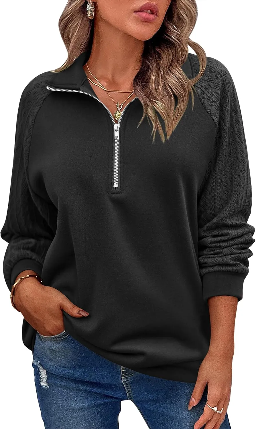 Zeagoo Women's Sweatshrits Quarter Zip Pullover Fleece Sweatshirt Casual Cable Knit Sleeve Hoodies Fashion Outfits Clothes
