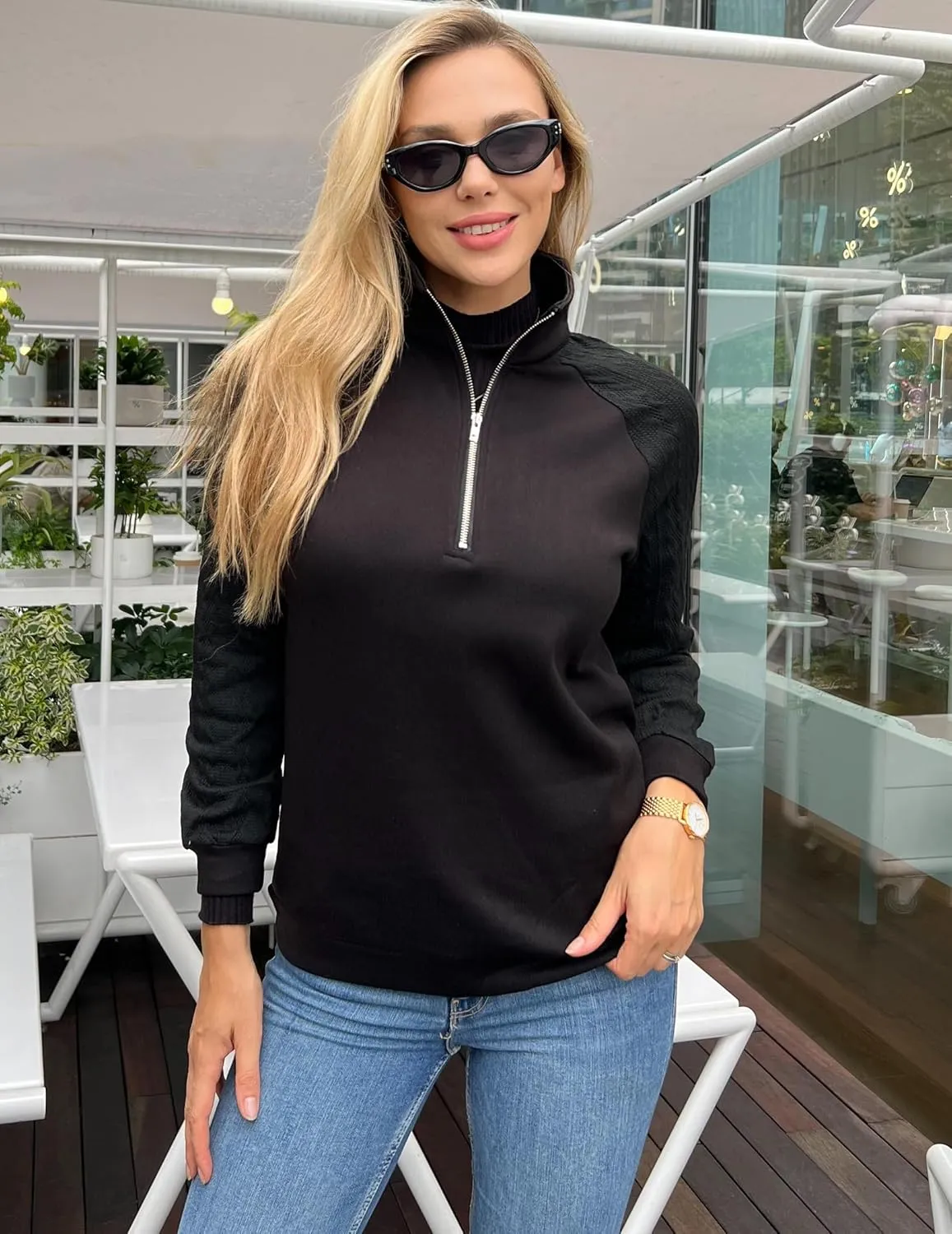 Zeagoo Women's Sweatshrits Quarter Zip Pullover Fleece Sweatshirt Casual Cable Knit Sleeve Hoodies Fashion Outfits Clothes