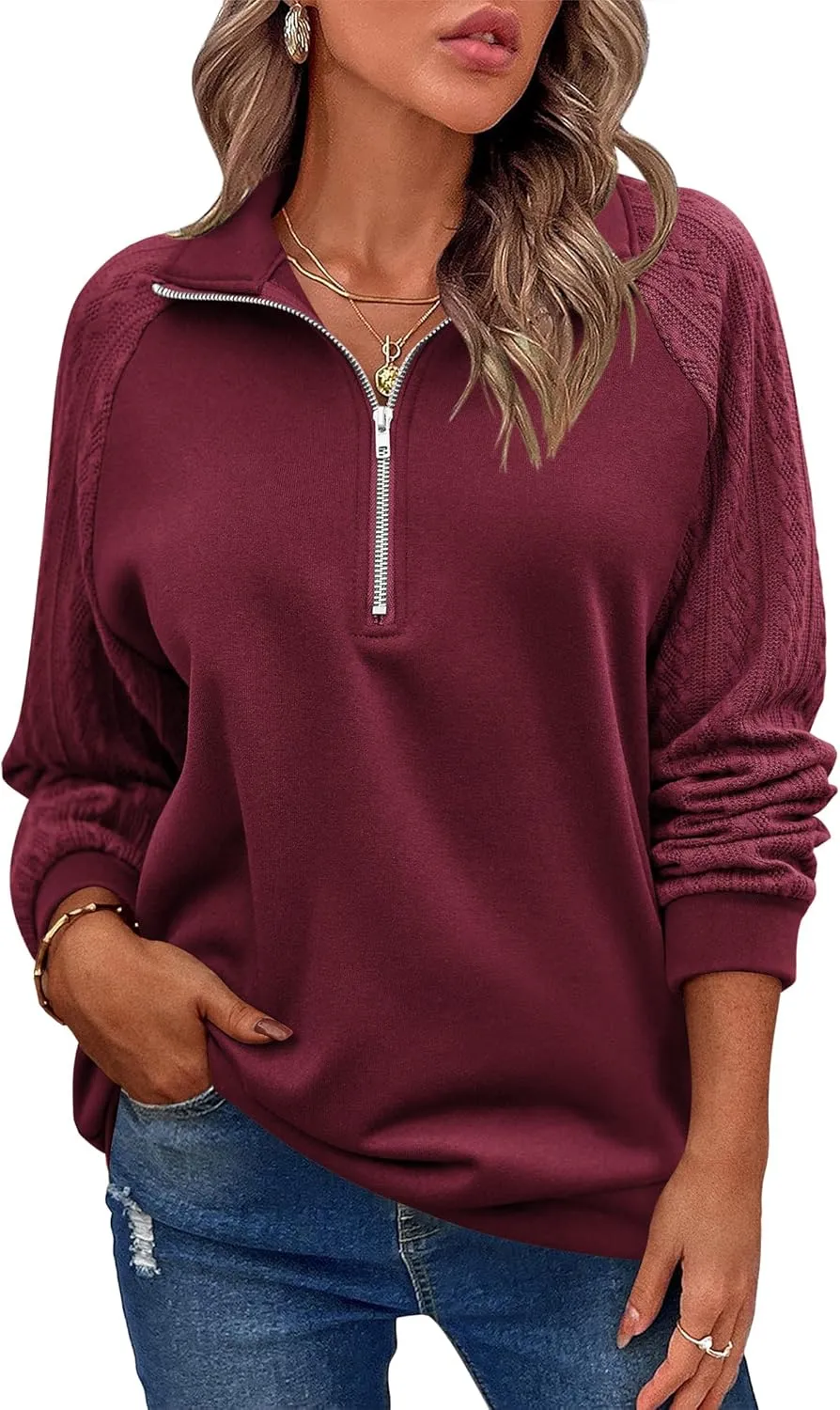 Zeagoo Women's Sweatshrits Quarter Zip Pullover Fleece Sweatshirt Casual Cable Knit Sleeve Hoodies Fashion Outfits Clothes